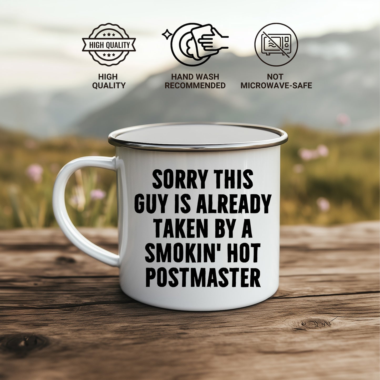 Funny Postmaster Gifts for Men, Sorry This Guy Is Already Taken Camping Mug for Father's Day, Enamel Finish with Permanent Printing