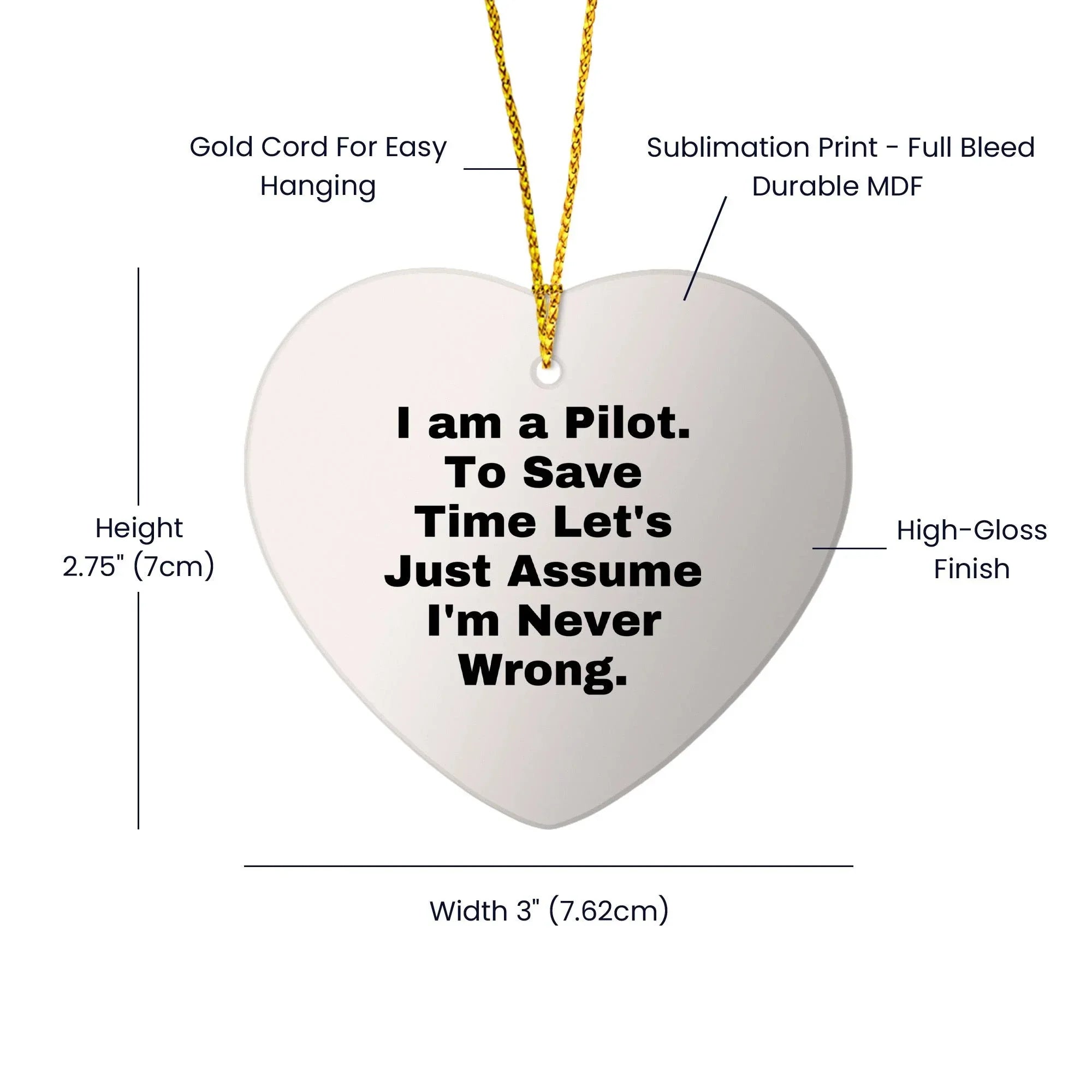 Funny Pilot Heart Ornament Gifts for Him from Friends and Family, Unique Christmas Decorations with Humorous Quote 'I'm Never Wrong' - Perfect Pilot Present