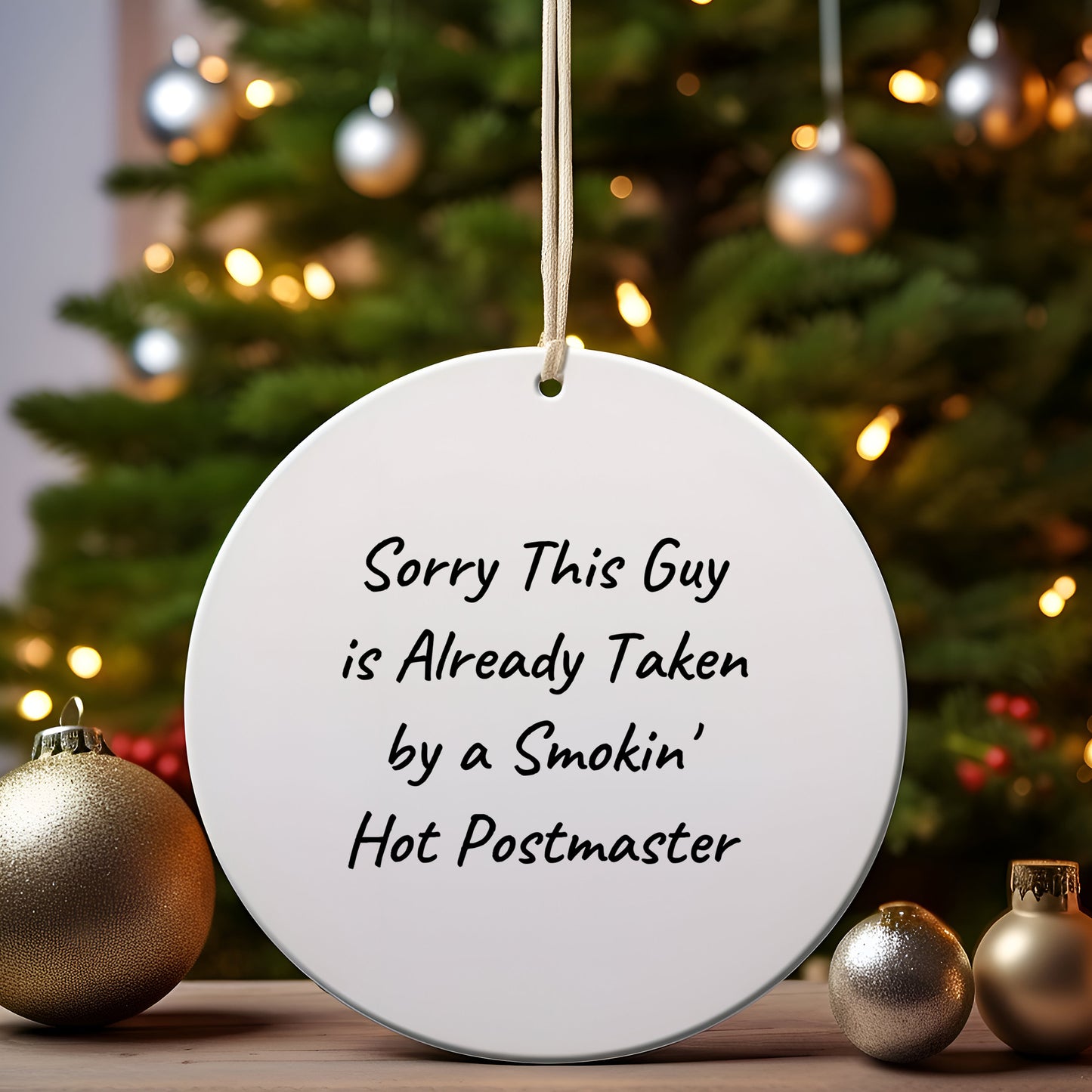 Funny Postmaster Gifts from Friends for Christmas - 'Sorry This Guy Is Already Taken By A Smokin' Hot Postmaster' Circle Ornament