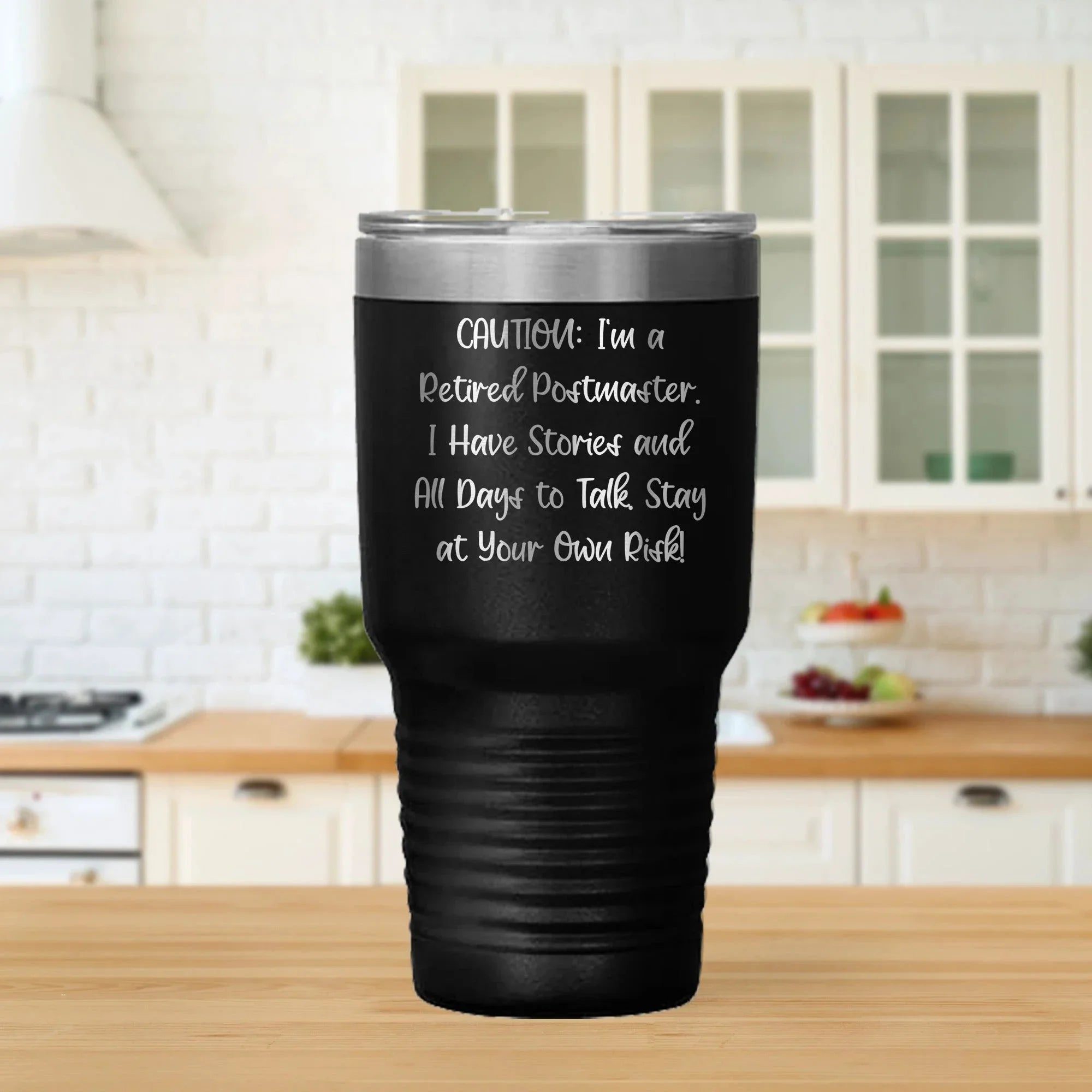 Postmaster Gifts from Friends - Funny Quote Tumbler for Birthday, 'Caution: I'm A Retired Postmaster...' - 20oz/30oz Stainless Steel Vacuum-Insulated Coffee Mug