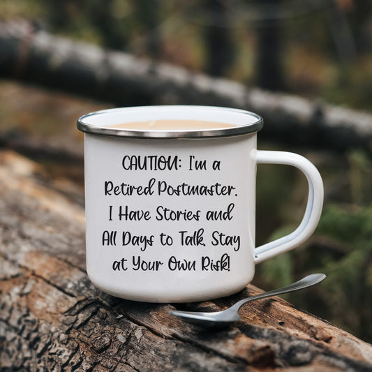 Funny Postmaster Gifts - 'Caution: I'm A Retired Postmaster...' Camping Mug for Birthday, Gifts from Friends, Coworkers, or Family