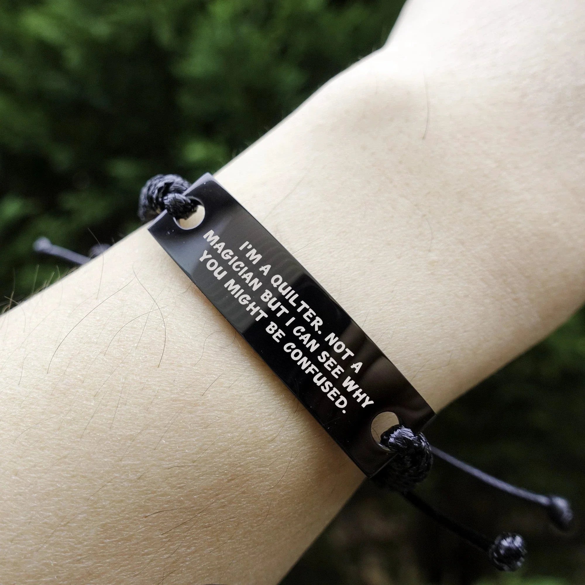 Funny Quilter Bracelet – “Not a Magician” Quote – Black Braided Leather Wristband for Sewing Lovers