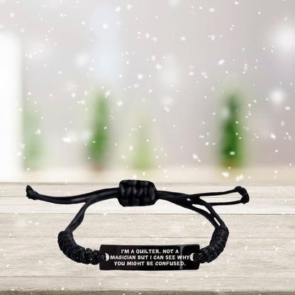 Funny Quilter Bracelet – “Not a Magician” Quote – Black Braided Leather Wristband for Sewing Lovers - Mallard Moon Gift Shop