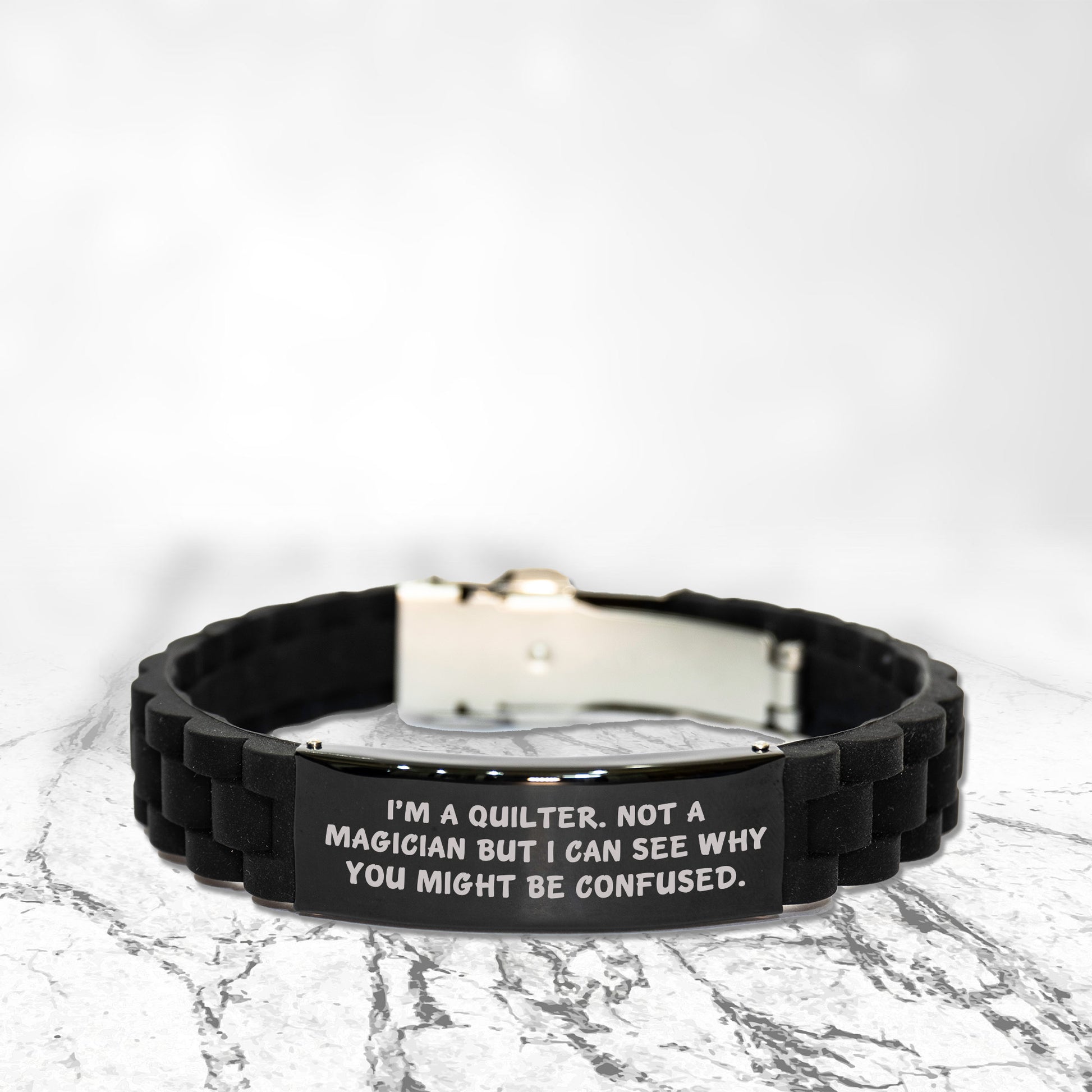 Funny Quilter Bracelet – “Not a Magician” Quote – Black Silicone Glidelock Wristband for Sewing Lovers - Mallard Moon Gift Shop
