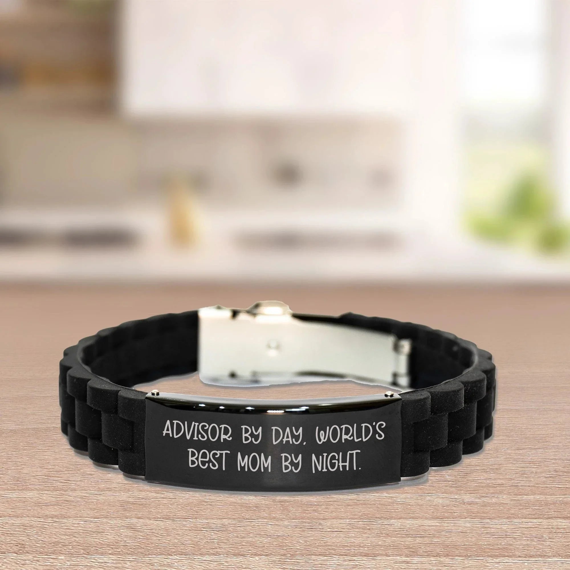 Funny Advisor Gifts: 'Advisor By Day, World's Best Mom By Night.' Glide lock Clasp Necklace for Graduation, Adjustable Black Stainless Steel Silicone Charm for Women, Men, Friends, Coworkers, Family