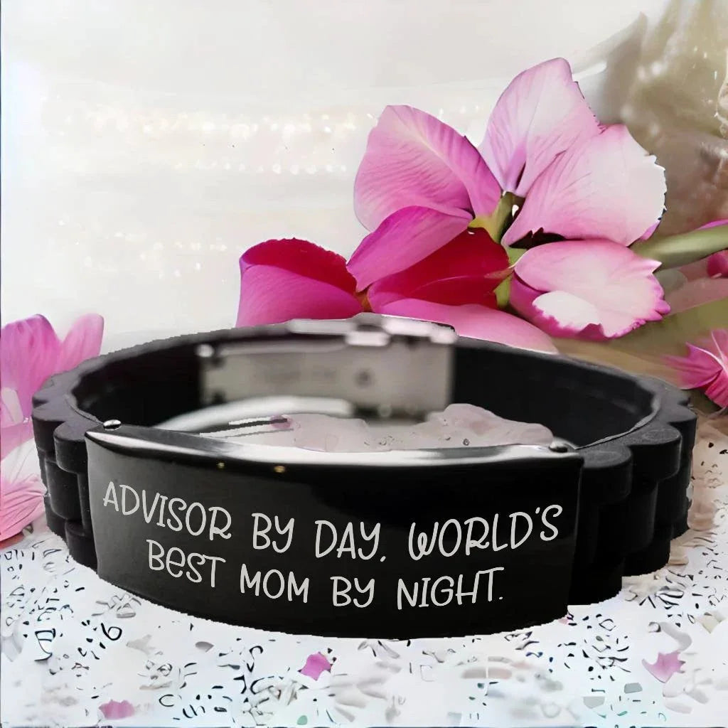 Funny Advisor Gifts: 'Advisor By Day, World's Best Mom By Night.' Glide lock Clasp Necklace for Graduation, Adjustable Black Stainless Steel Silicone Charm for Women, Men, Friends, Coworkers, Family