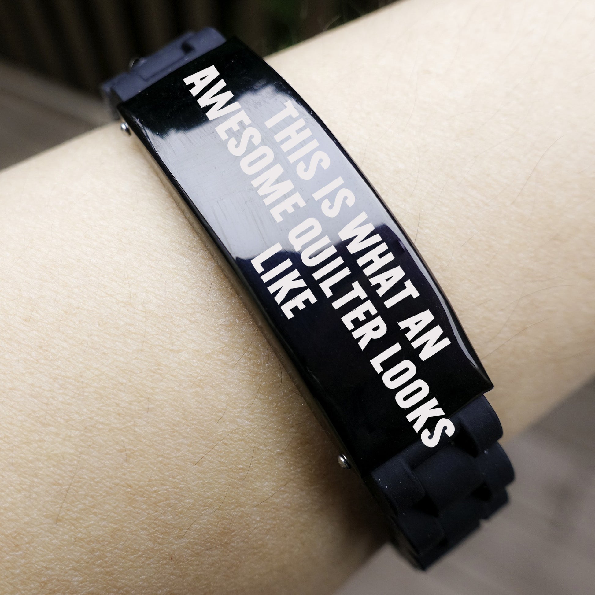Awesome Quilter Bracelet – Black Silicone Glidelock Band with Bold Pride Engraving – Gift for Confident Sewers - Mallard Moon Gift Shop