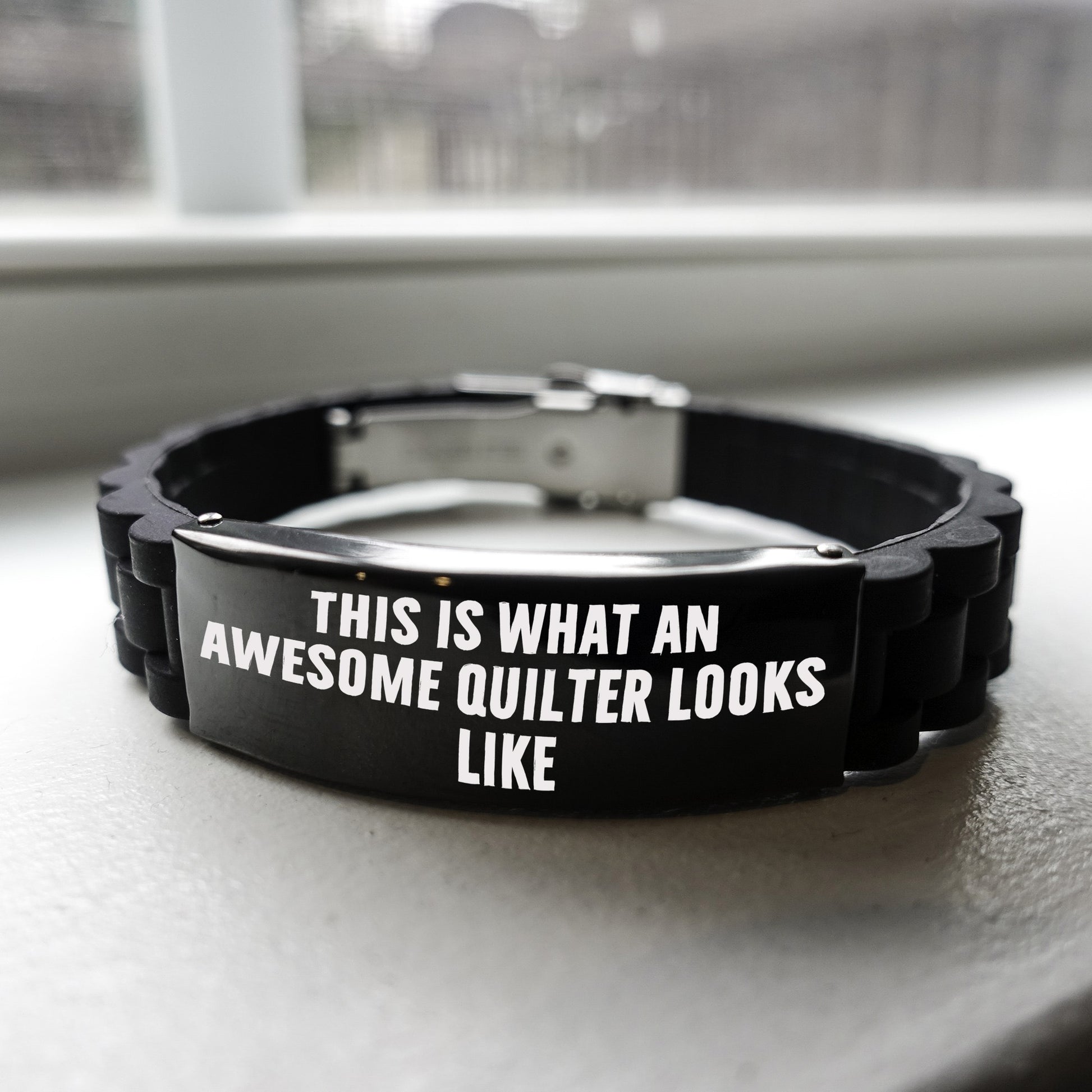 Awesome Quilter Bracelet – Black Silicone Glidelock Band with Bold Pride Engraving – Gift for Confident Sewers - Mallard Moon Gift Shop