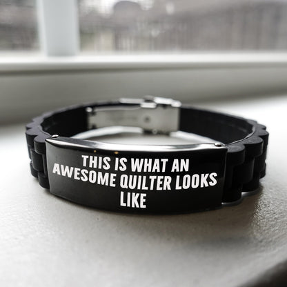 Awesome Quilter Bracelet – Black Silicone Glidelock Band with Bold Pride Engraving – Gift for Confident Sewers - Mallard Moon Gift Shop