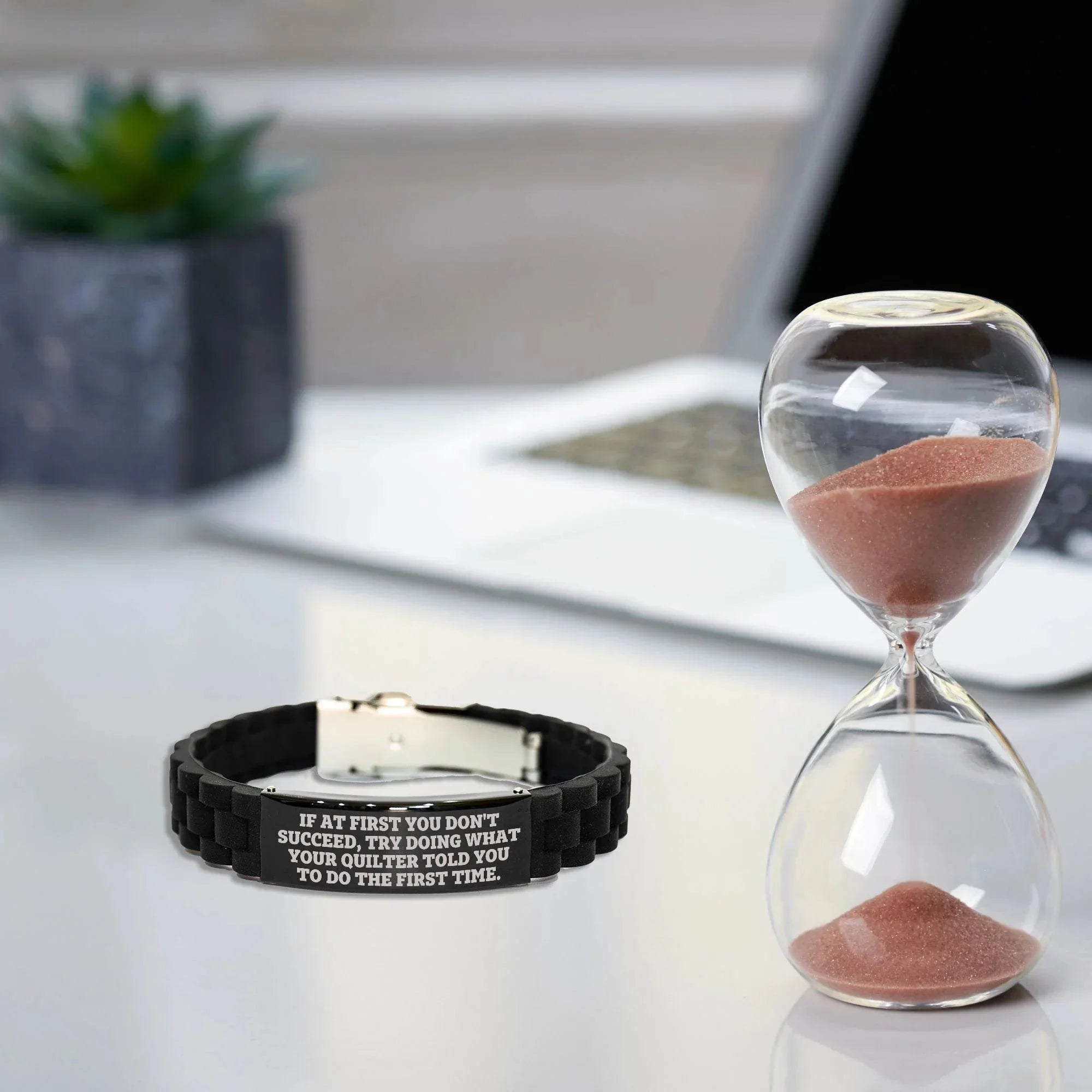 Quilter’s Reminder Bracelet – “If at First You Don’t Succeed” Quote – Black Glidelock Silicone Wristband