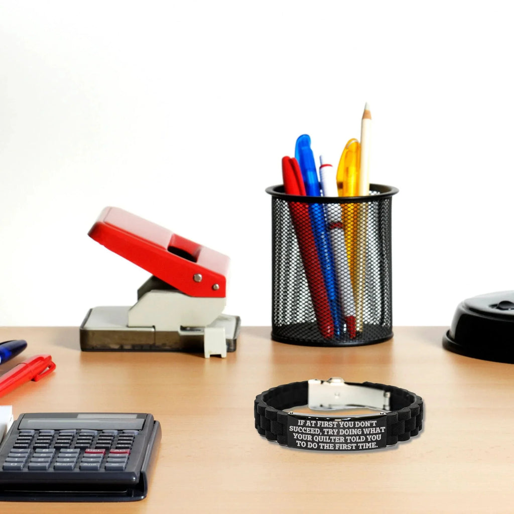 Quilter’s Reminder Bracelet – “If at First You Don’t Succeed” Quote – Black Glidelock Silicone Wristband