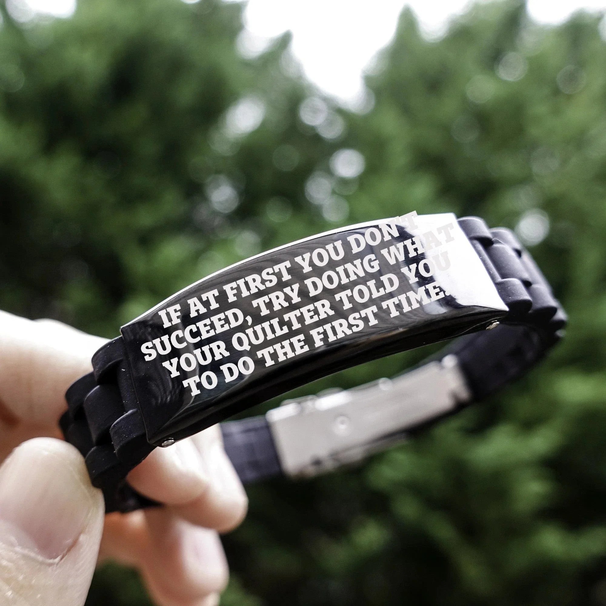Quilter’s Reminder Bracelet – “If at First You Don’t Succeed” Quote – Black Glidelock Silicone Wristband