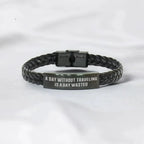 Traveler's Leather Bracelet - "A Day Without Traveling Is a Day Wasted" - Adventure-Inspired Braided Leather Wristband - Stylish Travel Gift for Explorers, Globetrotters & Wanderlust Lovers