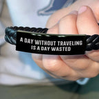 Traveler's Leather Bracelet - "A Day Without Traveling Is a Day Wasted" - Adventure-Inspired Braided Leather Wristband - Stylish Travel Gift for Explorers, Globetrotters & Wanderlust Lovers