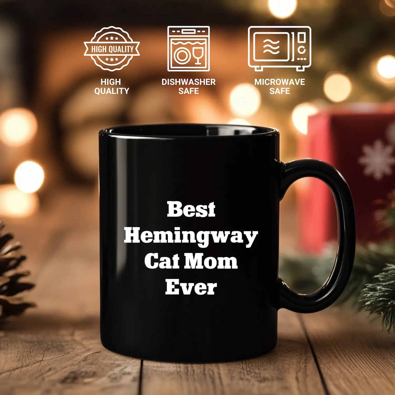Funny Hemingway Cat Mom Gifts for Men, Black Coffee Mug, 'Best Hemingway Cat Mom Ever' Quote, Gifts from Mom, Father's Day Unique Gifts for Him - Mallard Moon