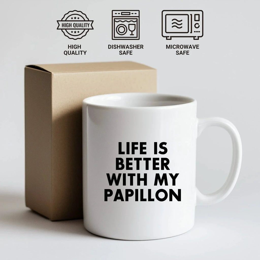 Spring Pet Products Papillon Dog Lovers Gifts from Mom, Funny White Coffee Mug for Mother's Day with 'Life Is Better With My Papillon' Quote, Ceramic, Microwave, and Dishwasher Safe