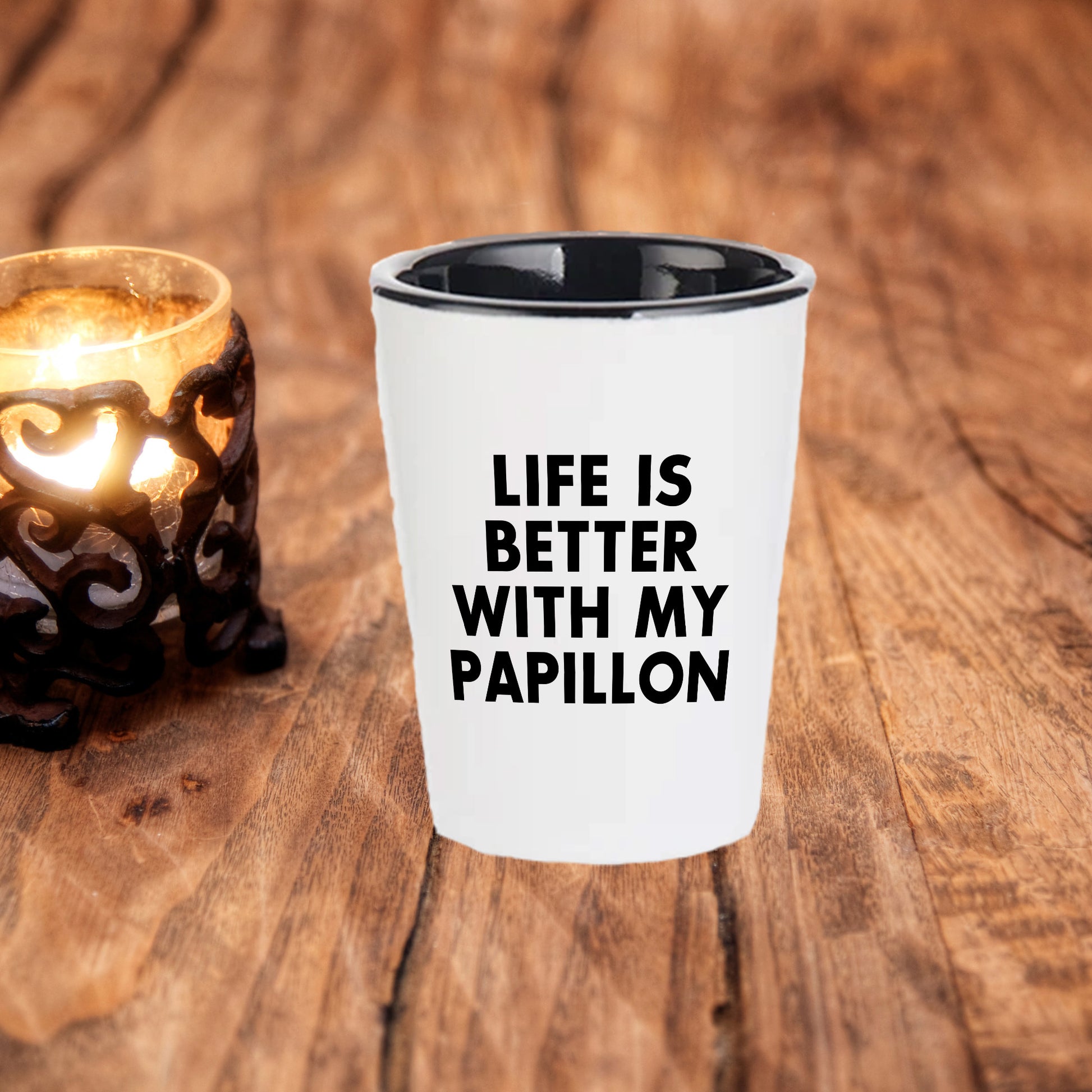 Papillon Dog Lover's Shot Glass, 'Life Is Better With My Papillon' Quote, Unique Mother's Day Unique Gift from Friends, 1.5oz Ceramic Shot Glass, Dishwasher and Microwave Safe - Mallard Moon Gift Shop
