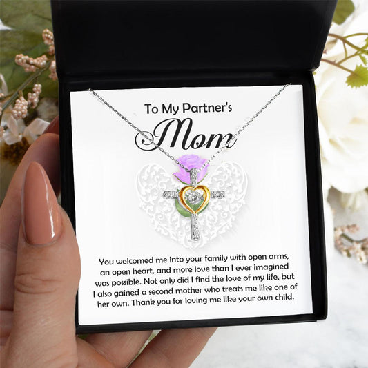 To My Partner's Mom You Welcomed me with Open Arms and an Open Heart Cross Pendant Necklace - Mallard Moon Gift Shop