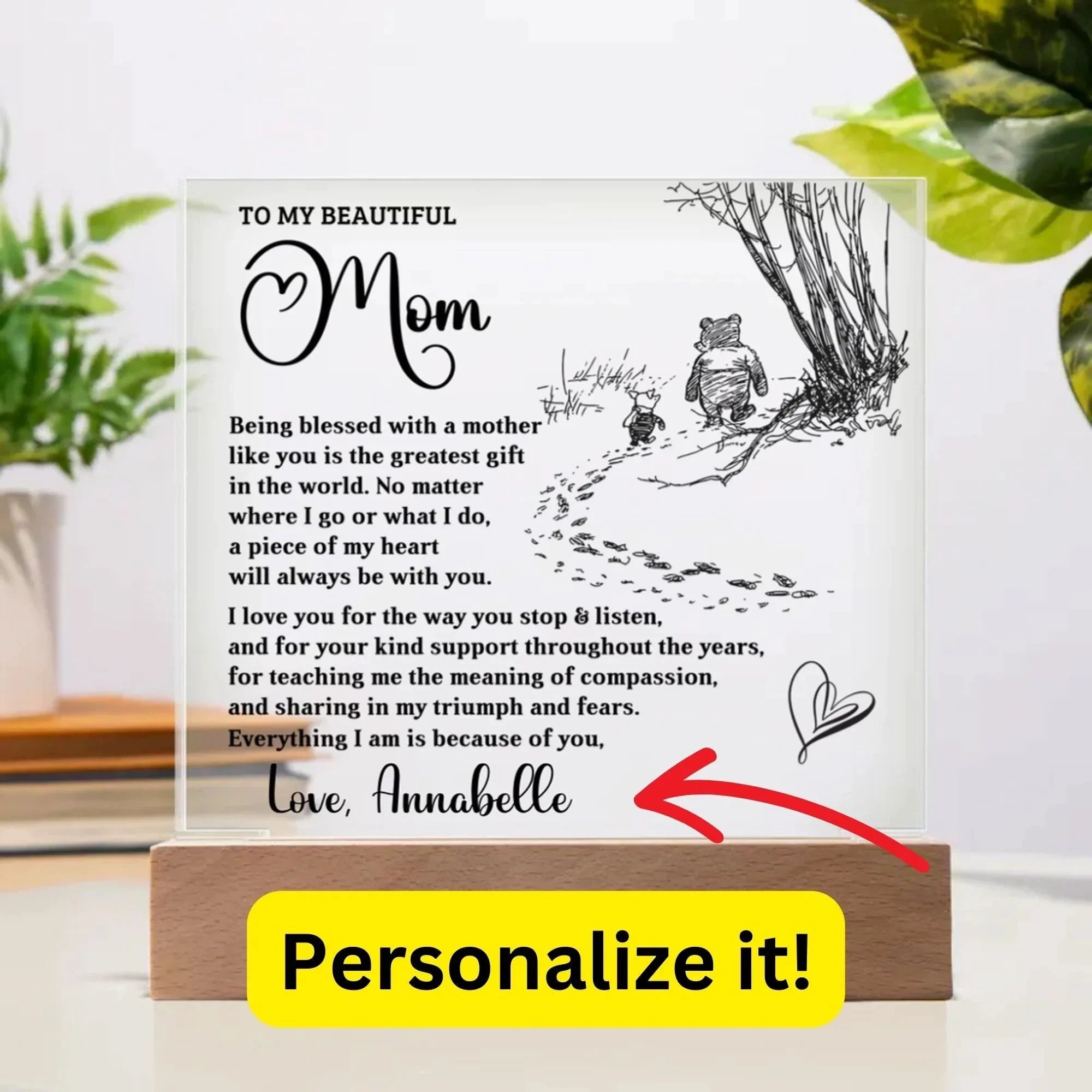 Personalized Acrylic Plaque for Mom – Custom Name Gift for Mother's Day, Birthday, or Christmas – LED Base with 7 Colors – Sentimental Gift for Mom from Daughter or Son