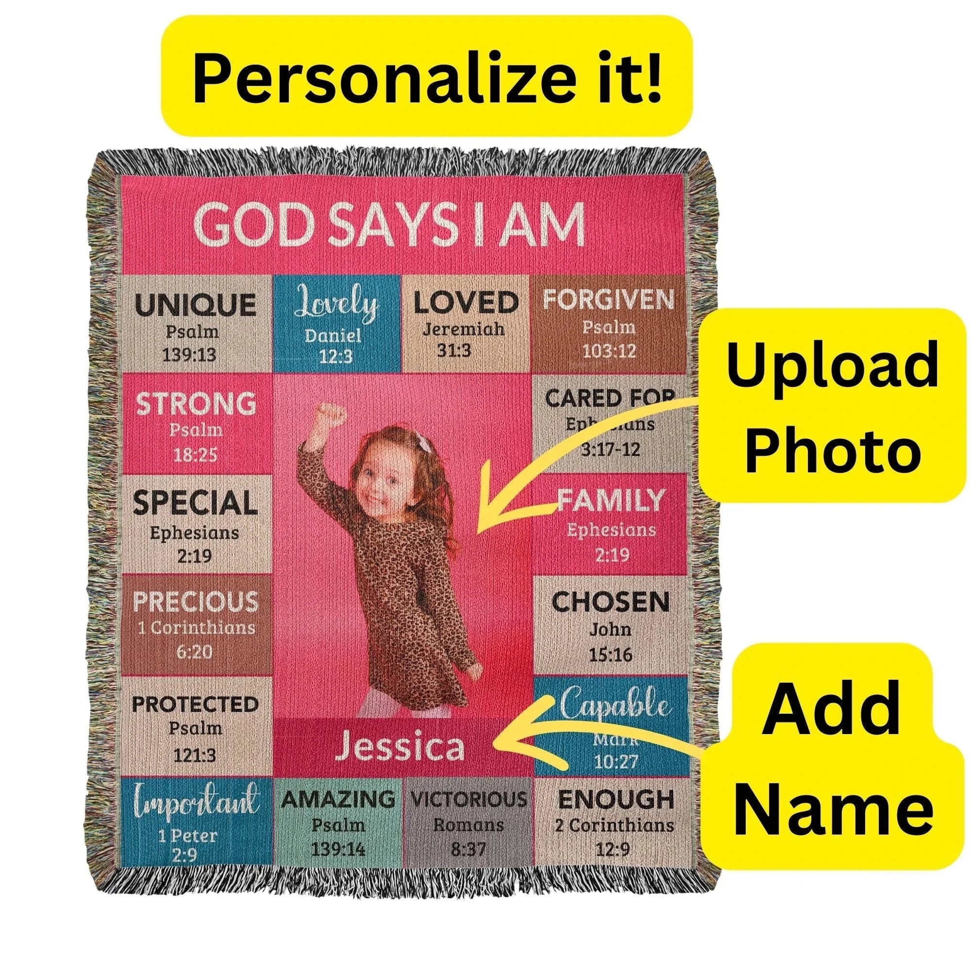 God Says I Am Personalized Woven Blanket – Custom Name & Photo – Christian Throw Blanket with Bible Verses – Faith Gift for Daughter, Granddaughter, Niece, or Goddaughter