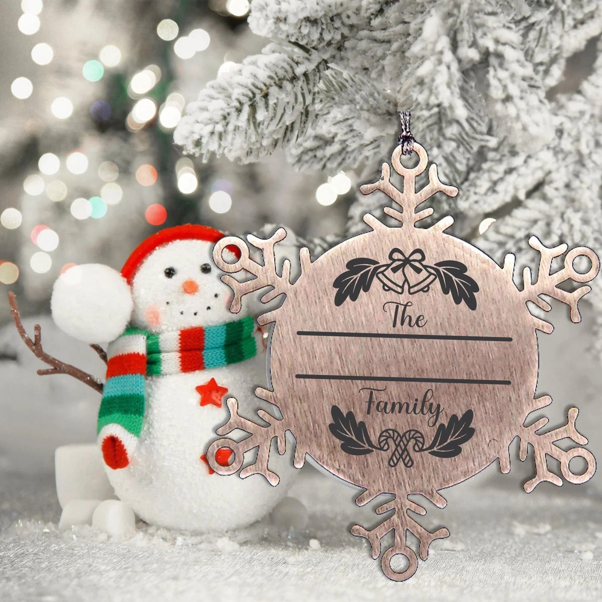 Personalized Christmas Bells Family Name Laser Engraved Stainless Steel Snowflake Tree Ornament