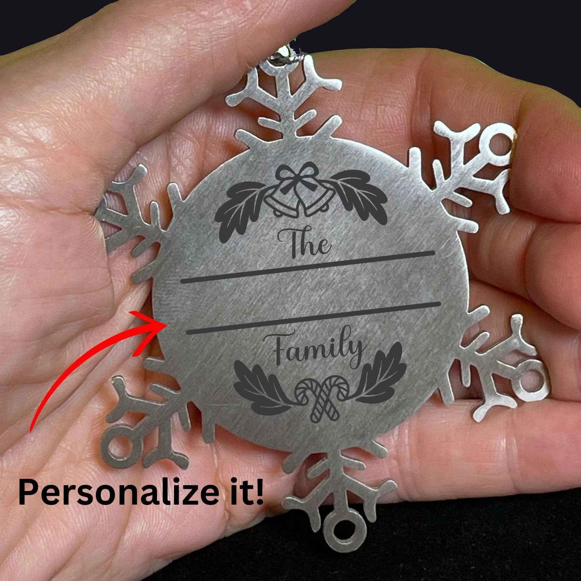 Personalized Christmas Bells Family Name Laser Engraved Stainless Steel Snowflake Tree Ornament