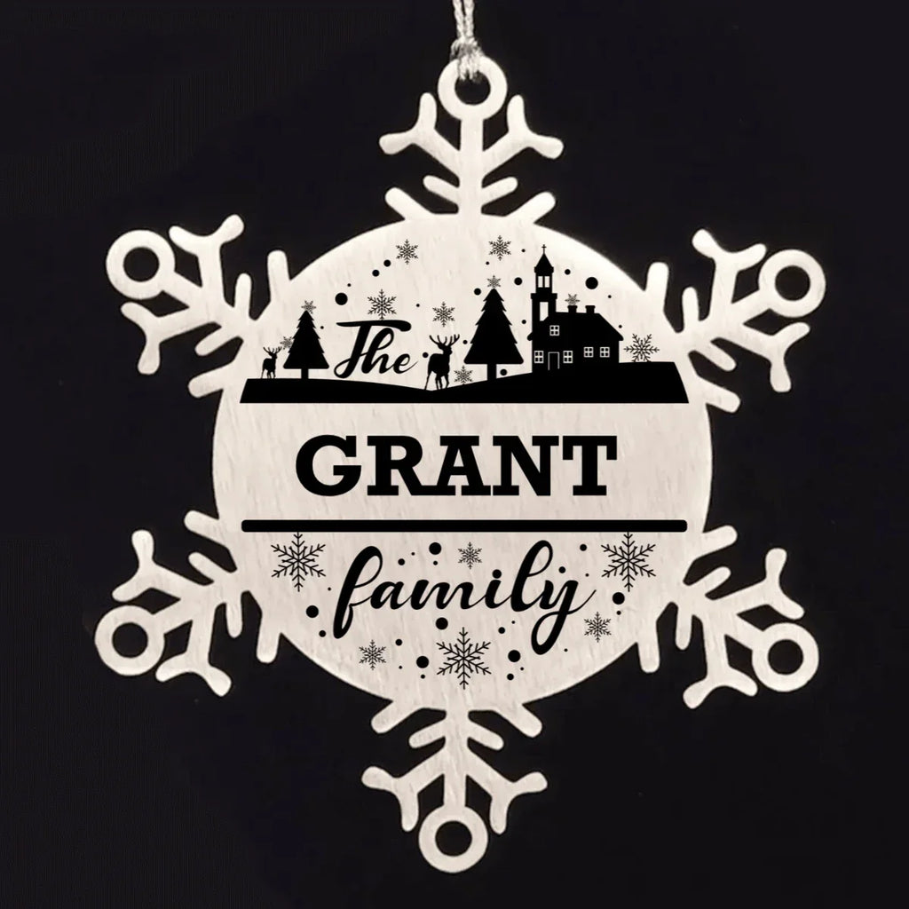 Personalized Family Name Christmas Laser Engraved Stainless Steel Snowflake Tree Ornament