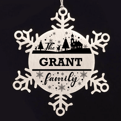 Personalized Family Name Christmas Laser Engraved Stainless Steel Snowflake Tree Ornament