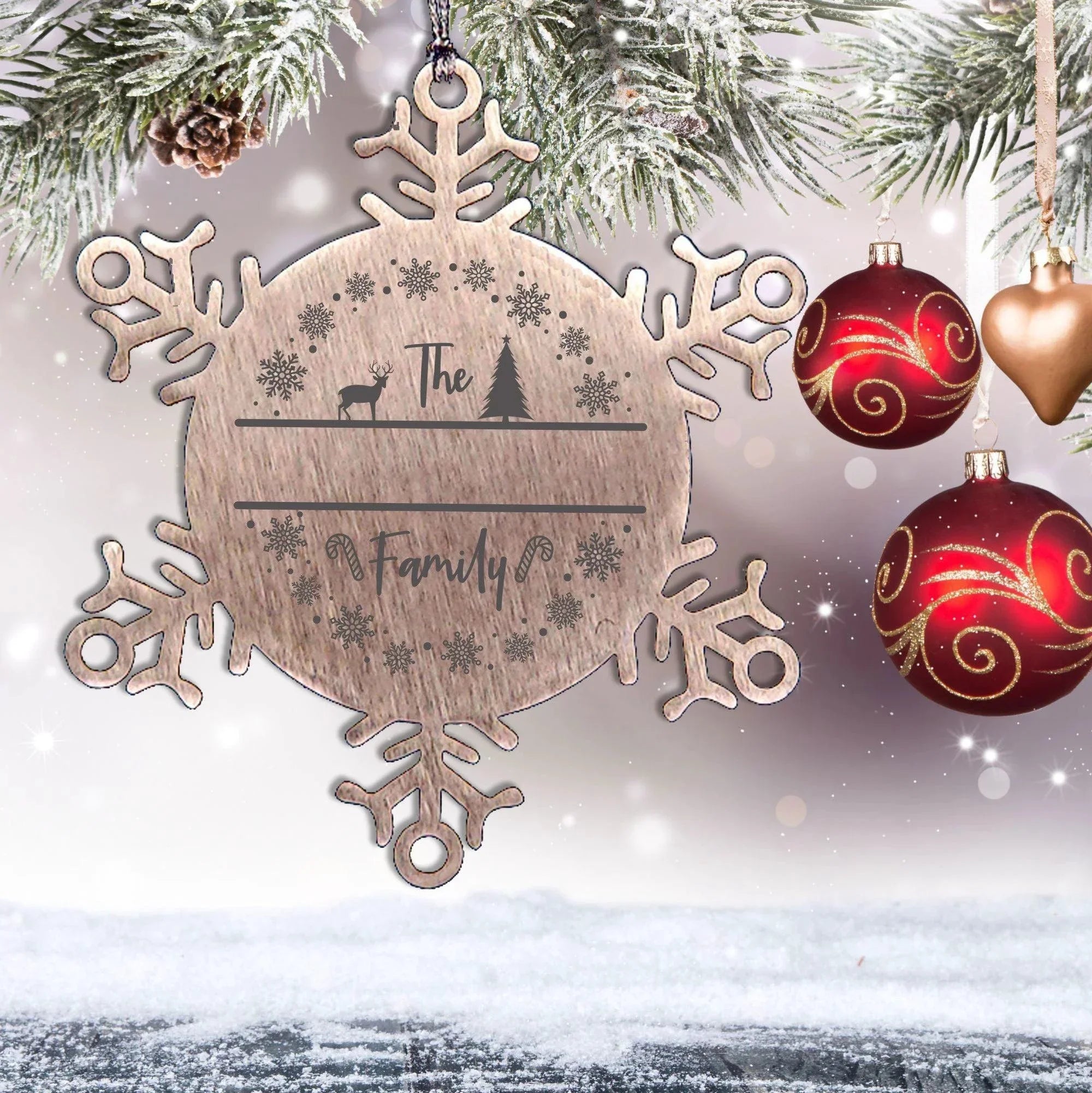 Personalized Family Name Deer in Woods Laser Engraved Stainless Steel Snowflake Christmas Tree Ornament