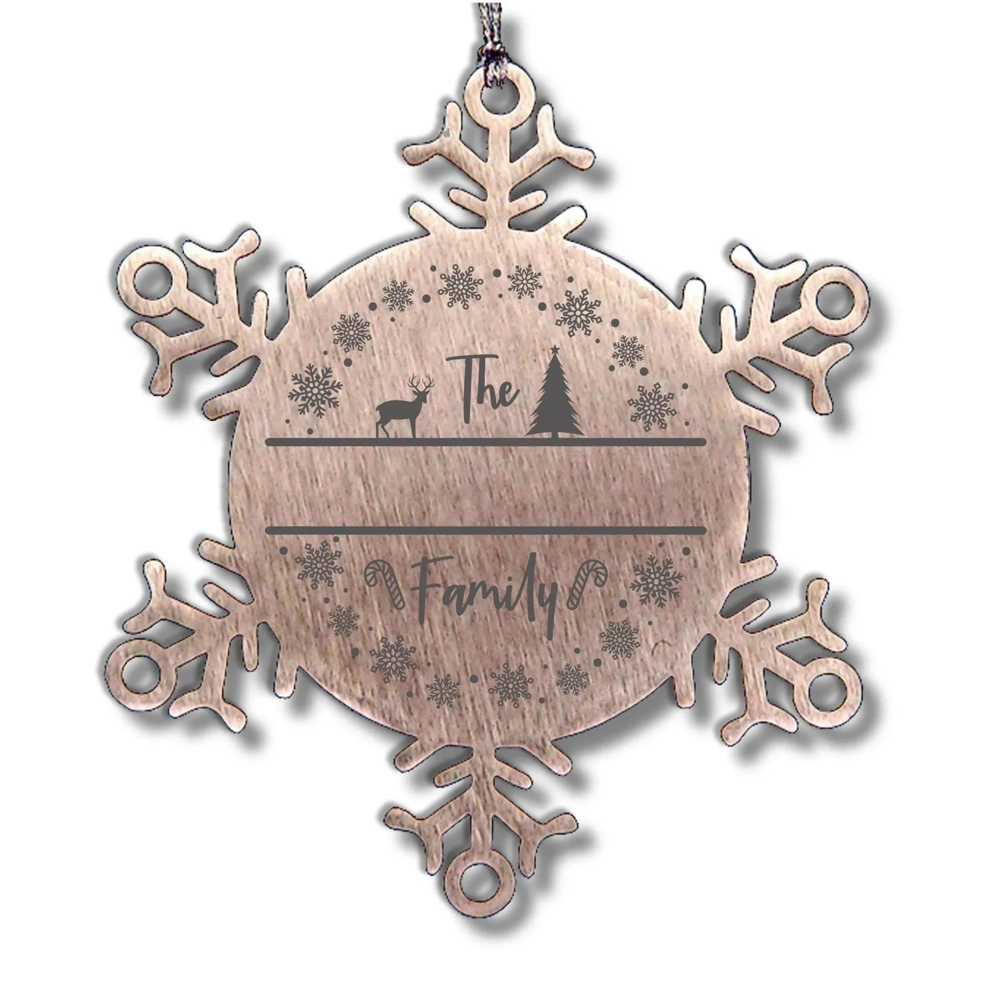 Personalized Family Name Deer in Woods Laser Engraved Stainless Steel Snowflake Christmas Tree Ornament