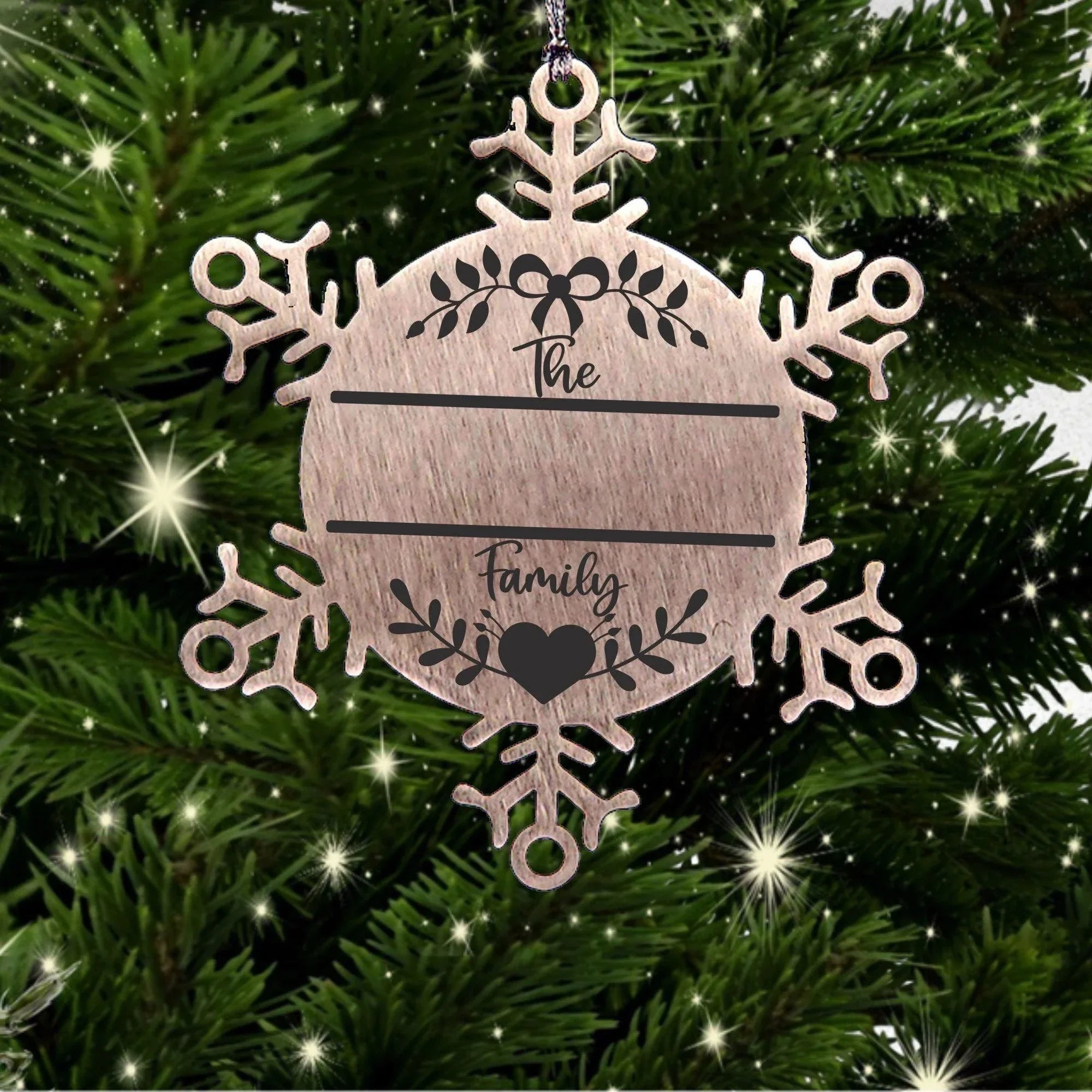 Personalized Family Name Laser Engraved Stainless Steel Snowflake Tree Ornament