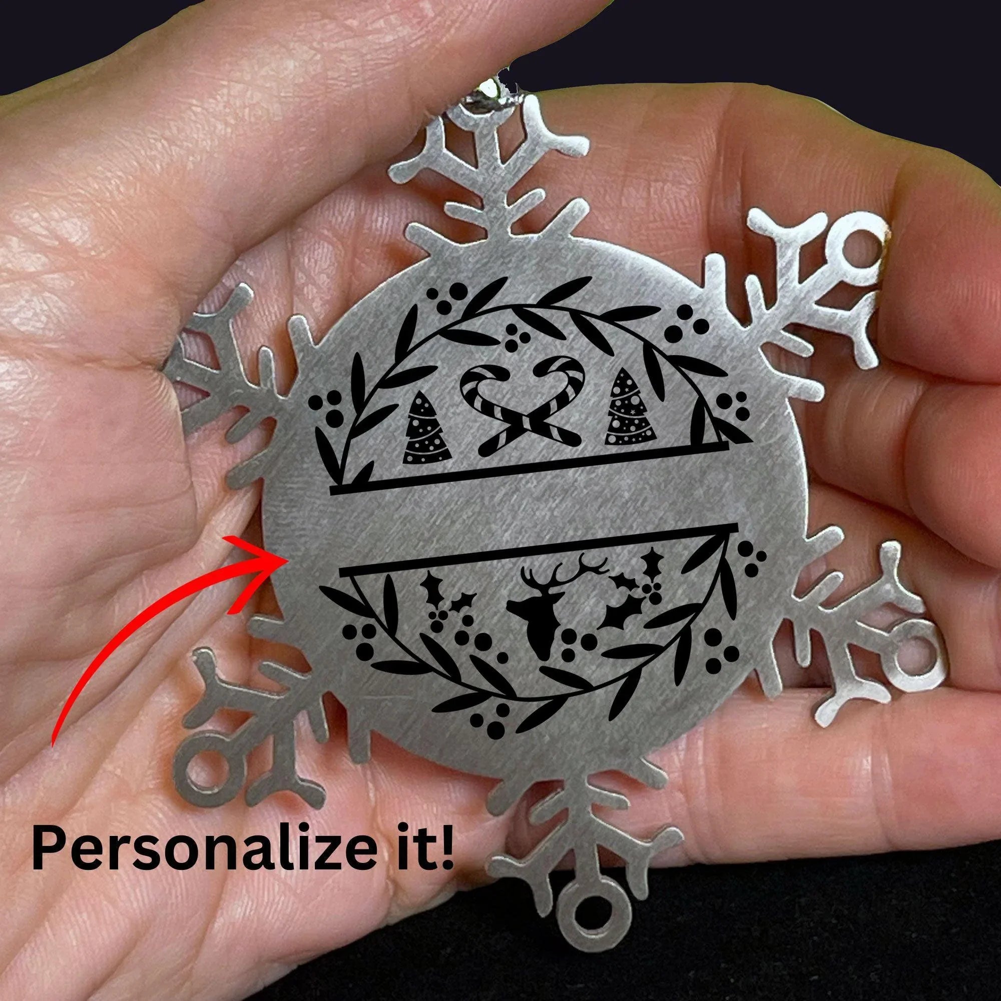 Personalized Family Name Laser Engraved Stainless Steel Snowflake Tree Ornament Candy Canes