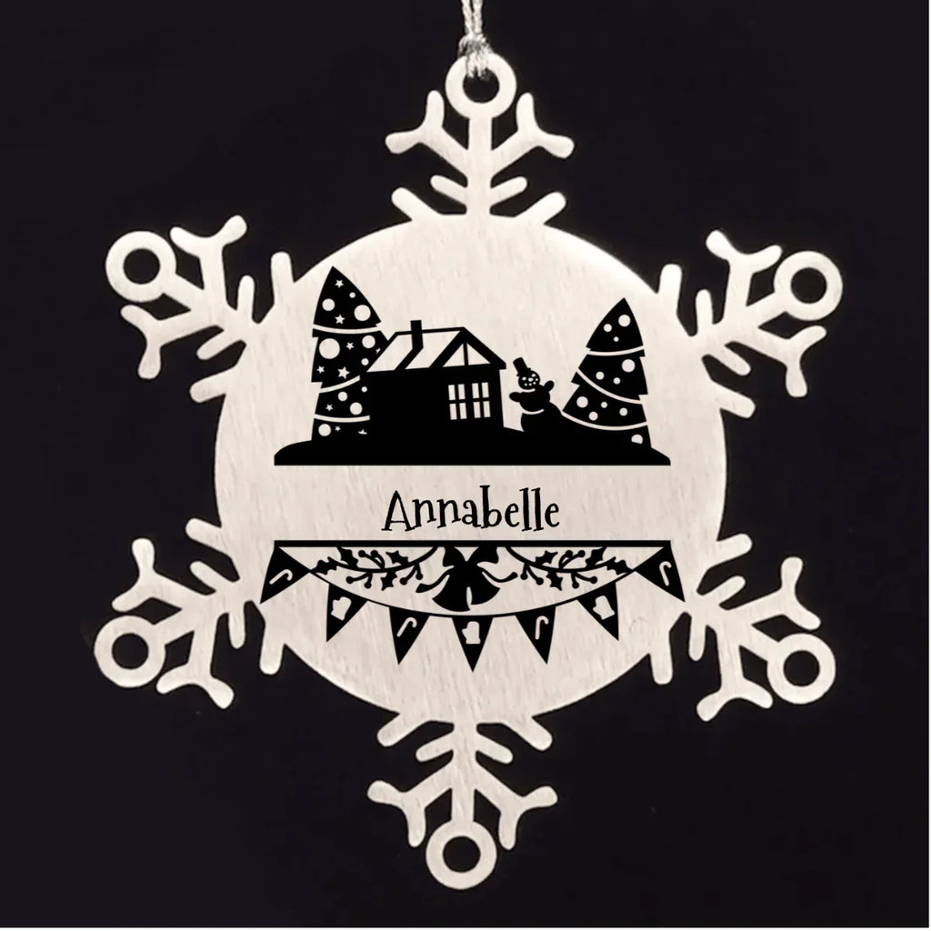 Personalized Family Name Laser Engraved Stainless Steel Snowflake Tree Ornament - Home for the Holidays