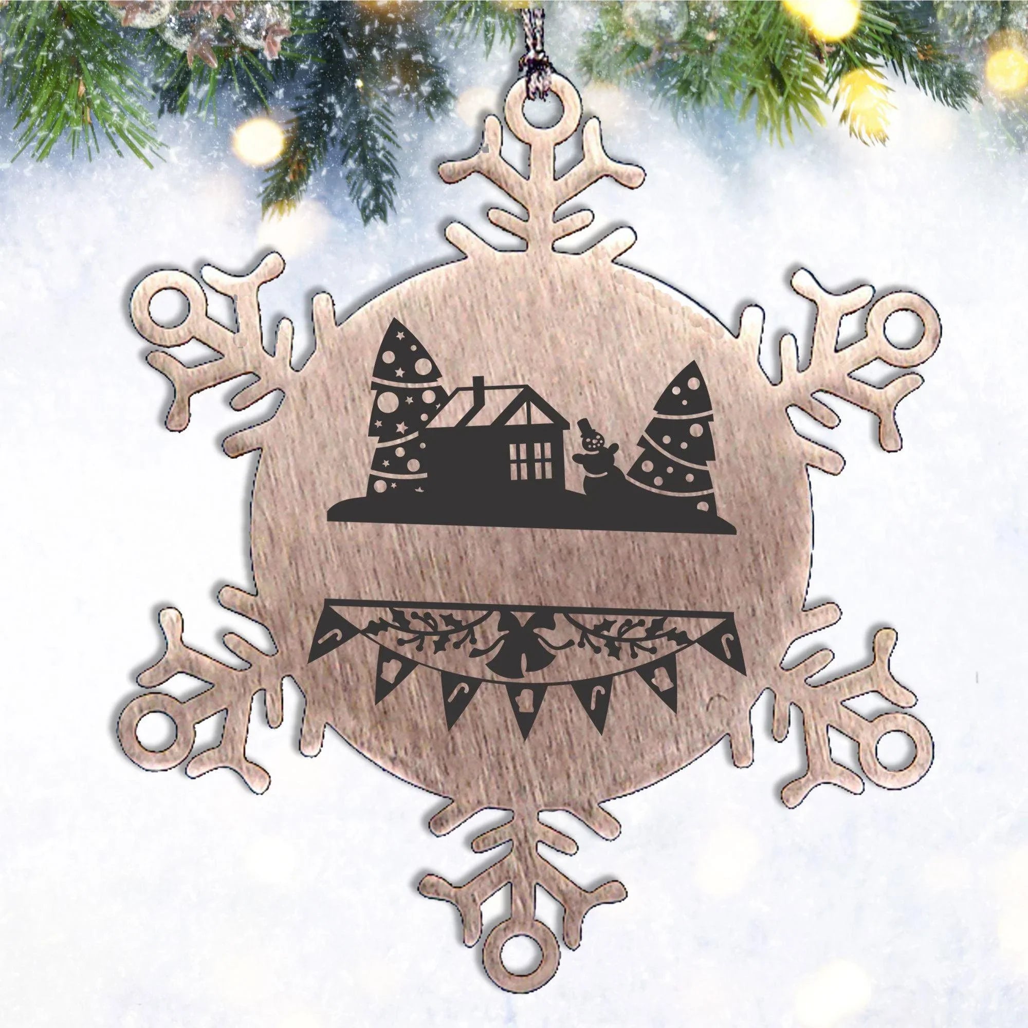 Personalized Family Name Laser Engraved Stainless Steel Snowflake Tree Ornament - Home for the Holidays