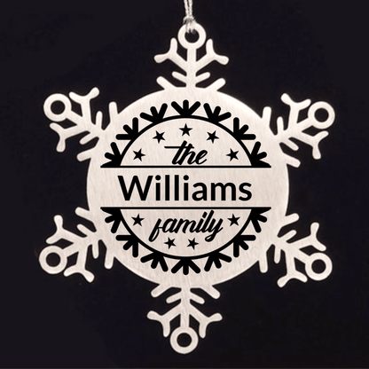 Personalized Family Name Snowflake Stainless Steel Engraved Ornament - Mallard Moon Gift Shop