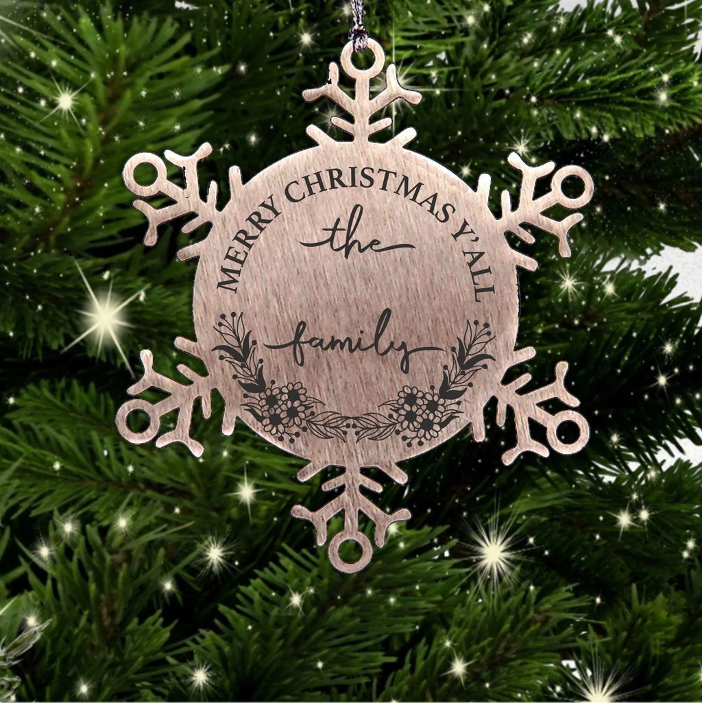Personalized Merry Christmas Y'all Stainless Steel Laser Engraved Snowflake Tree Ornament