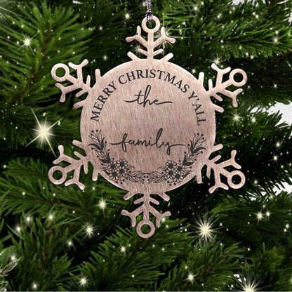 Personalized Merry Christmas Y'all Stainless Steel Laser Engraved Snowflake Tree Ornament - Mallard Moon Gift Shop