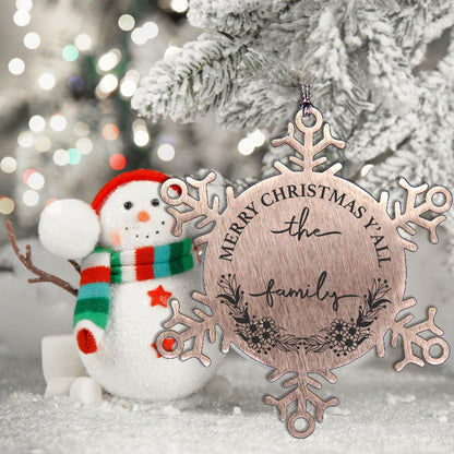 Personalized Merry Christmas Y'all Stainless Steel Laser Engraved Snowflake Tree Ornament - Mallard Moon Gift Shop