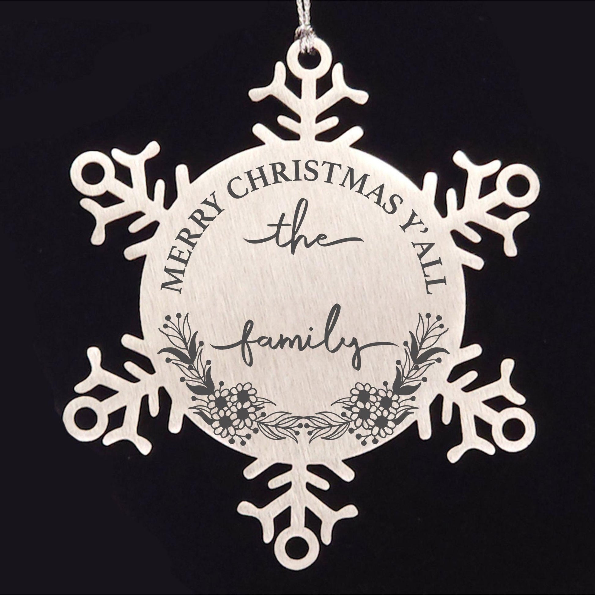 Personalized Merry Christmas Y'all Stainless Steel Laser Engraved Snowflake Tree Ornament - Mallard Moon Gift Shop