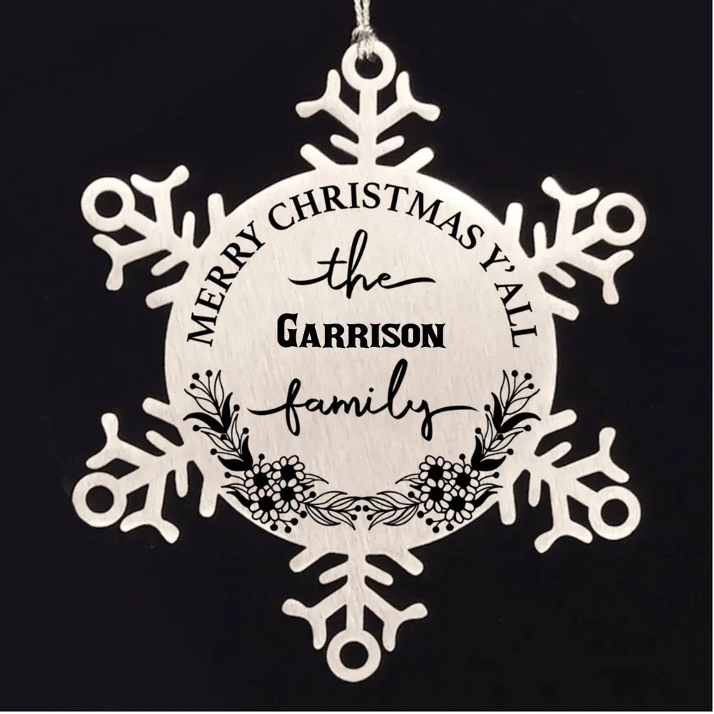 Personalized Merry Christmas Y'all Stainless Steel Laser Engraved Snowflake Tree Ornament