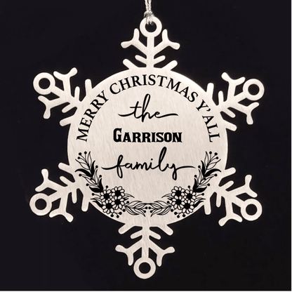 Personalized Merry Christmas Y'all Stainless Steel Laser Engraved Snowflake Tree Ornament - Mallard Moon Gift Shop