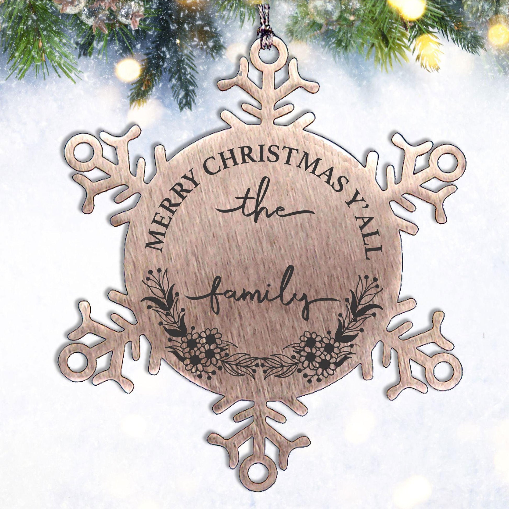 Personalized Merry Christmas Y'all Stainless Steel Laser Engraved Snowflake Tree Ornament - Mallard Moon Gift Shop