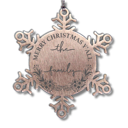 Personalized Merry Christmas Y'all Stainless Steel Laser Engraved Snowflake Tree Ornament - Mallard Moon Gift Shop