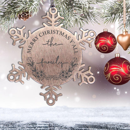 Personalized Merry Christmas Y'all Stainless Steel Laser Engraved Snowflake Tree Ornament - Mallard Moon Gift Shop