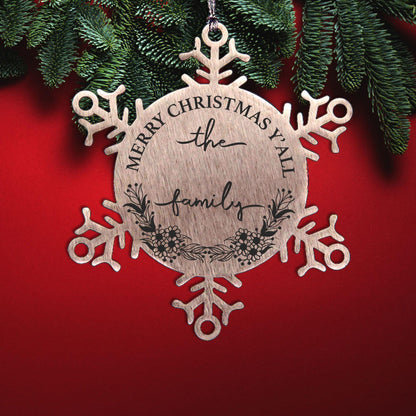 Personalized Merry Christmas Y'all Stainless Steel Laser Engraved Snowflake Tree Ornament - Mallard Moon Gift Shop