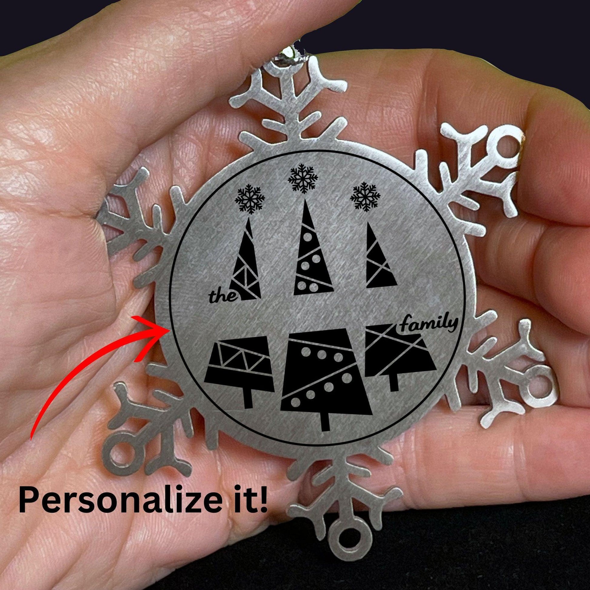 Personalized Snowflake Christmas Tree Ornament Family Name Laser Engraved Stainless Steel Keepsake - Mallard Moon Gift Shop