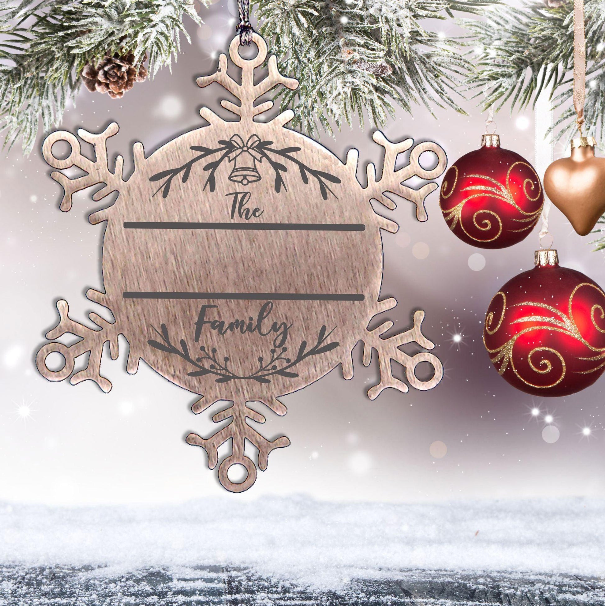 Personalized Snowflake Family Name Laser Engraved Stainless Steel Tree Ornament Heirloom Keepsake - Mallard Moon Gift Shop