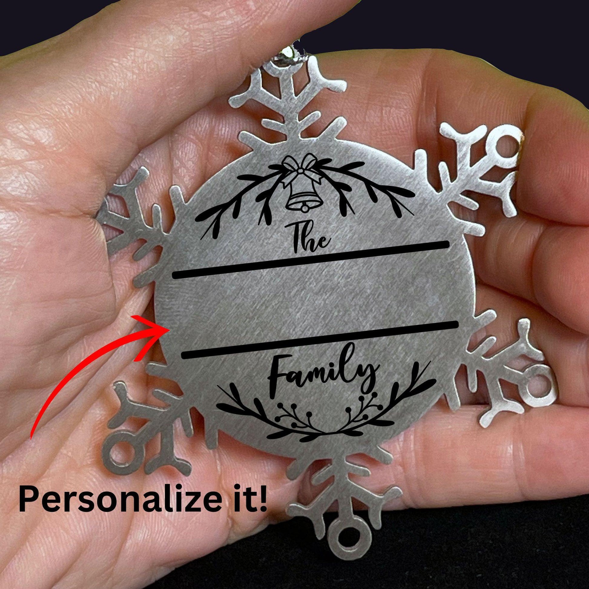 Personalized Snowflake Family Name Laser Engraved Stainless Steel Tree Ornament Heirloom Keepsake - Mallard Moon Gift Shop