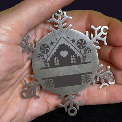 Personalized Snowflake Tree Ornament Family Name Laser Engraved Stainless Steel Gingerbread House