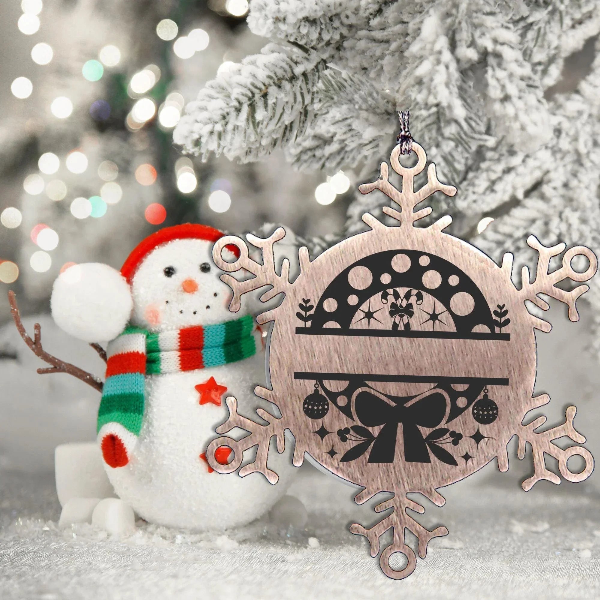 Personalized Snowflake Wreath Tree Ornament Family Name Laser Engraved Stainless Steel